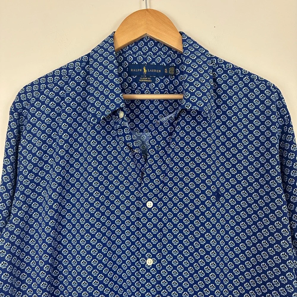 Ralph Lauren Classic Fit Performance Shirt Blue Geometric Button Down Mens XL